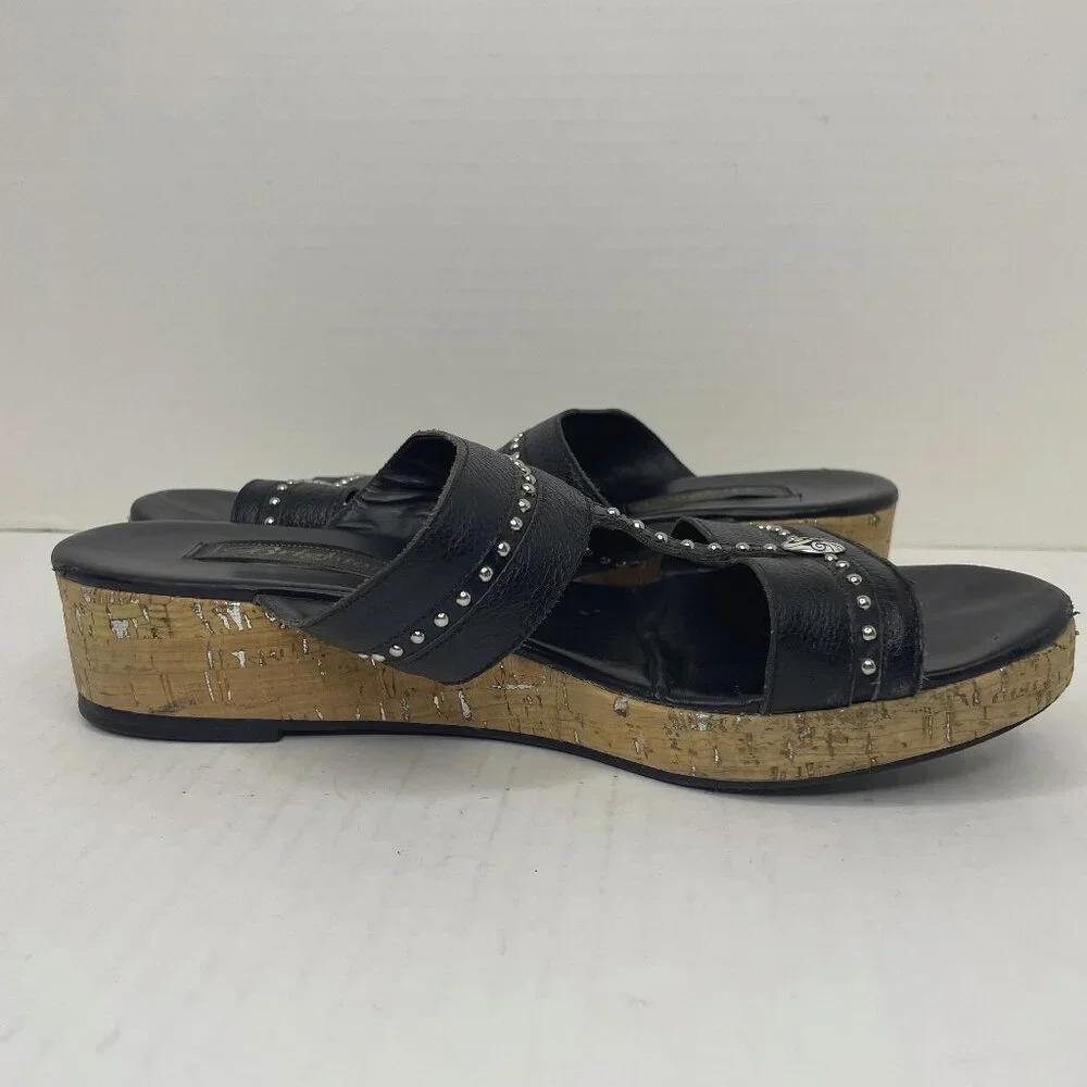 Brighton Sandals Size 9 M Slip On Slides Black Silver Cork Wedge Heel Studded